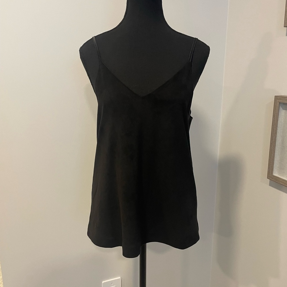 Brunette The Label Black Faux Suede Satin Lined Sleeveless Blouse EUC